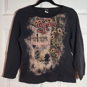 Suzie In The City Y2K Black Cotton Western Style Fitted 3/4 Graphic Top XL